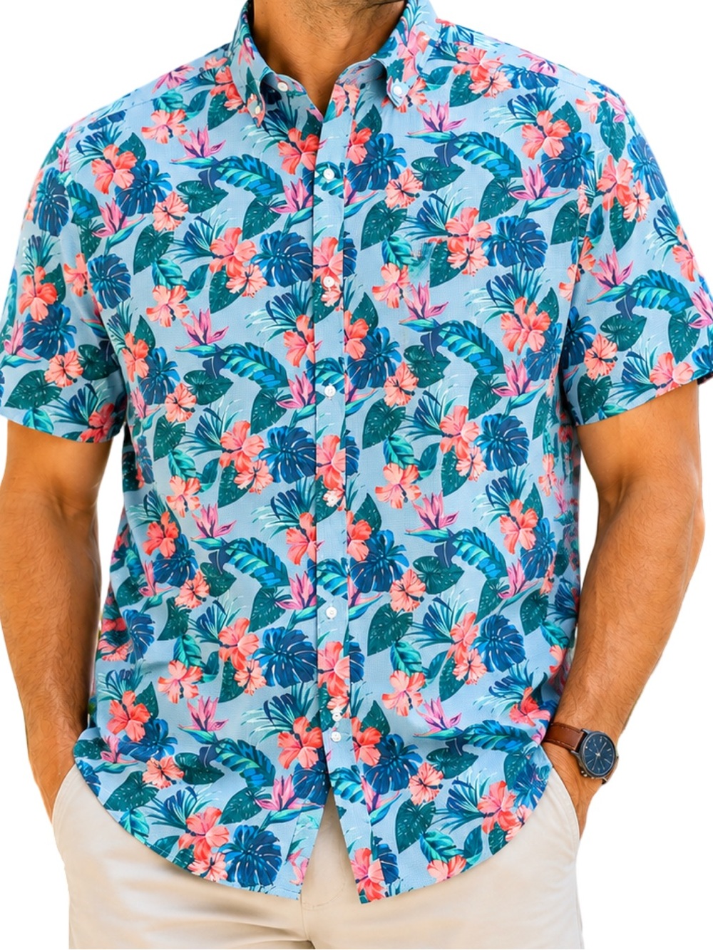 NWT St. John’s Bay XXL Tropical Hawaiian Button Front Short Sleeve Shirt Blue Fl